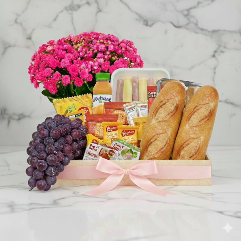 Cesta Café da Manhã Completa com Flores Frescas