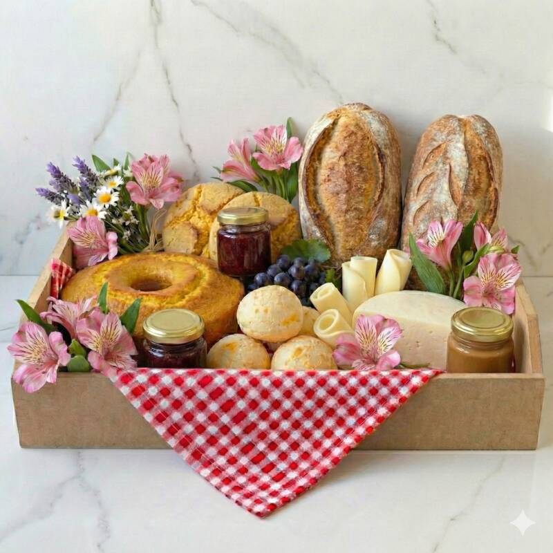 Cesta Nordestina — Bolo de Milho, Pão Artesanal, Queijo e Flores