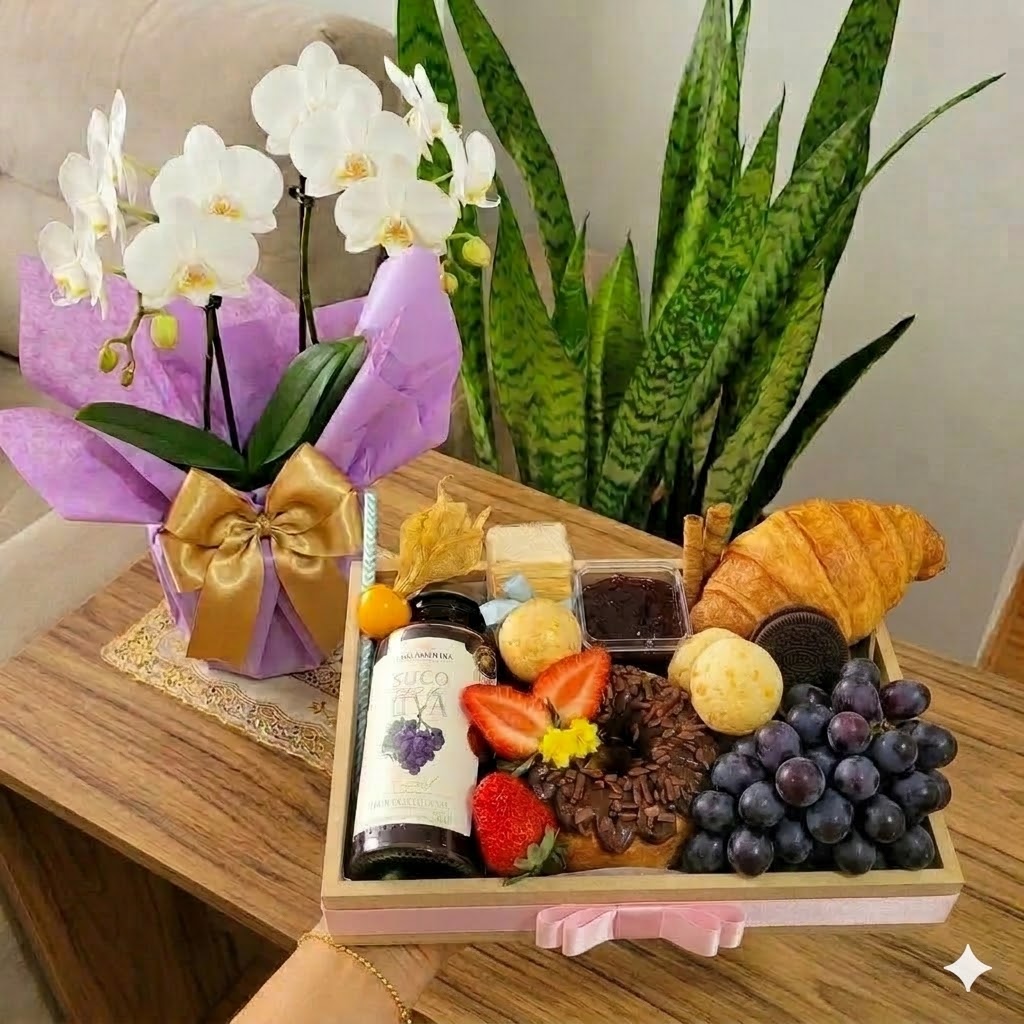 Cesta Orquídea Branca + Café da Manhã Gourmet — Dia das Mães