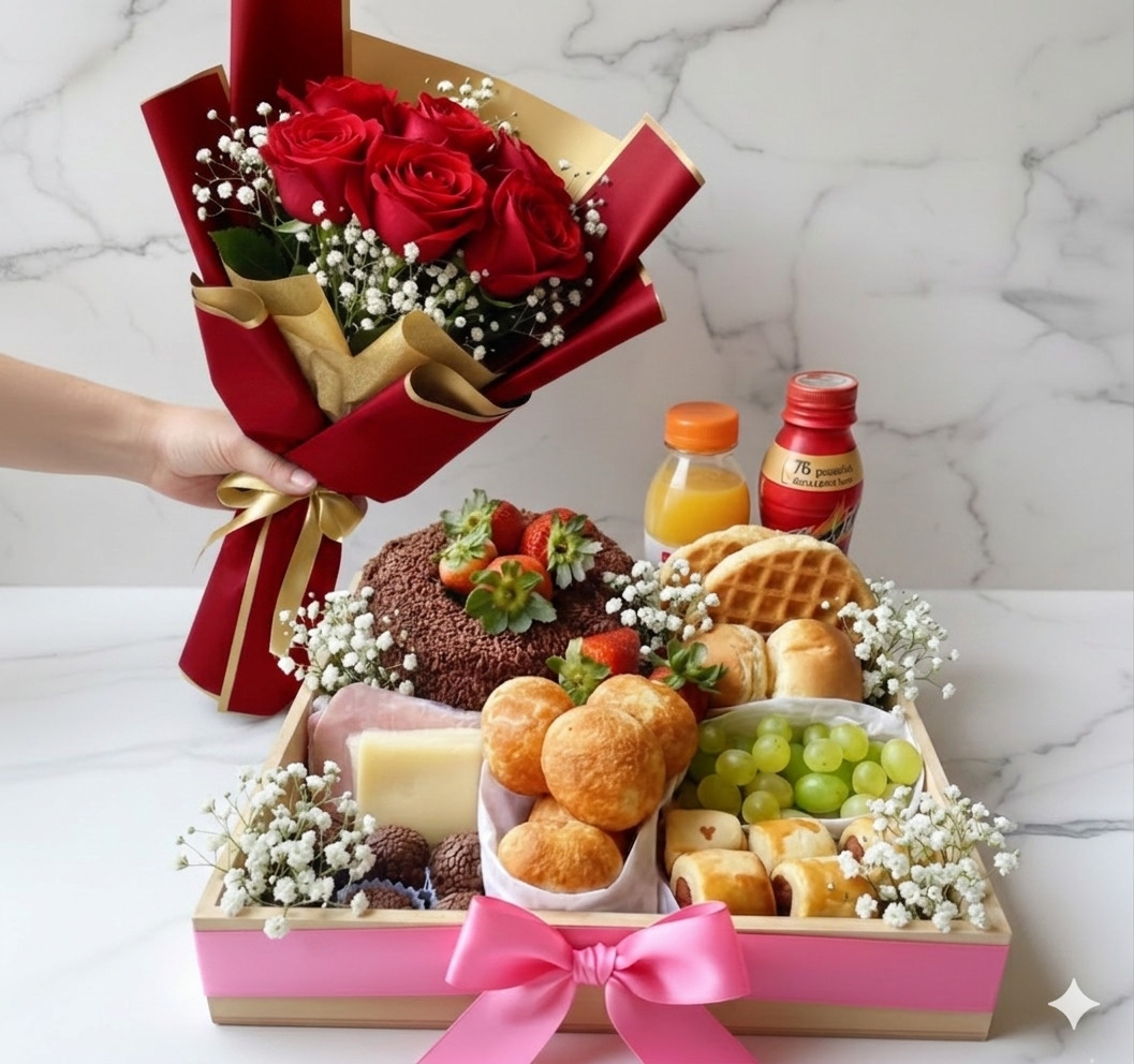 Cesta Pink Café da Manhã + Buquê de Rosas Vermelhas