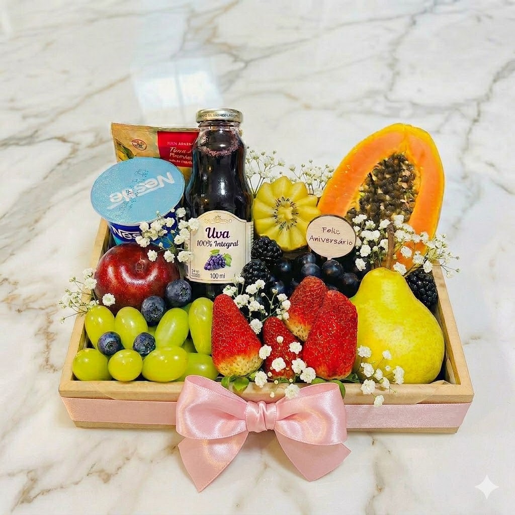 Cesta Sem Glúten — Frutas Frescas, Mamão, Suco e Iogurte