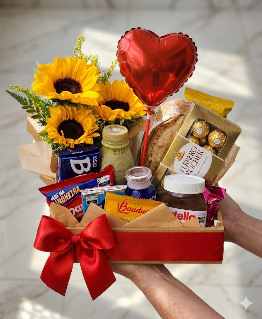 Box Café da Manhã com Girassóis — Ferrero Rocher, Nutella e Bauducco — Dia dos Namorados