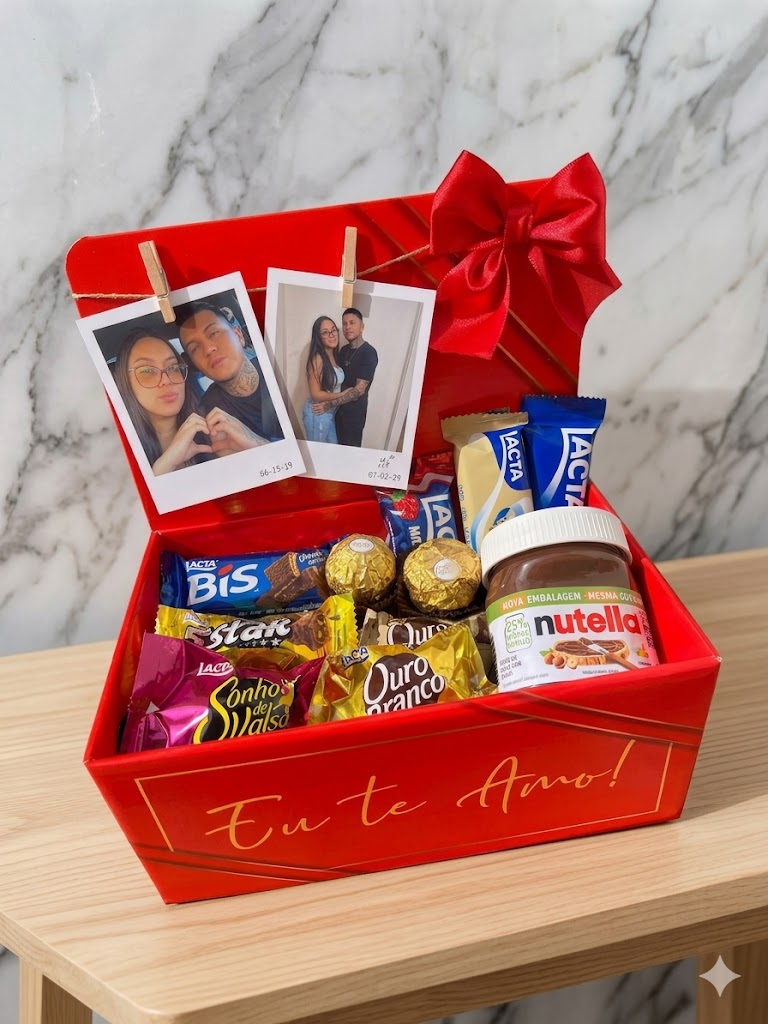 Box Eu Te Amo com Fotos Polaroid — Nutella, Ferrero Rocher e Chocolates Lacta — Dia dos Namorados