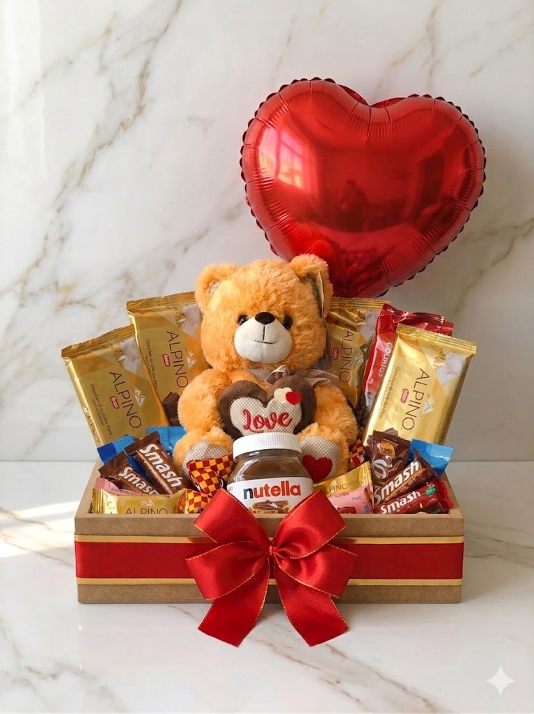 Box Urso Chocolates Alpino — Urso, Nutella, Alpino, Smash e Balão Coração — Dia dos Namorados