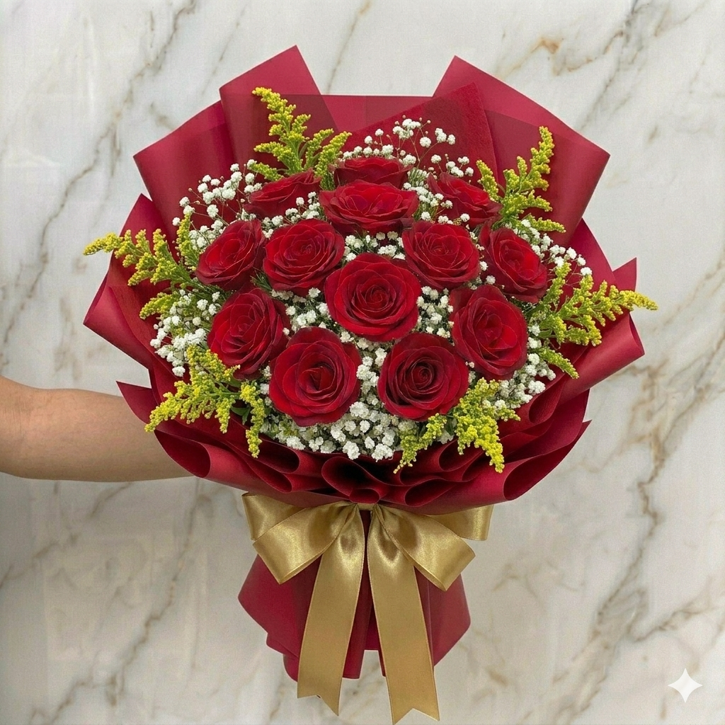 Buquê de 12 Rosas Vermelhas com Ferrero Rocher