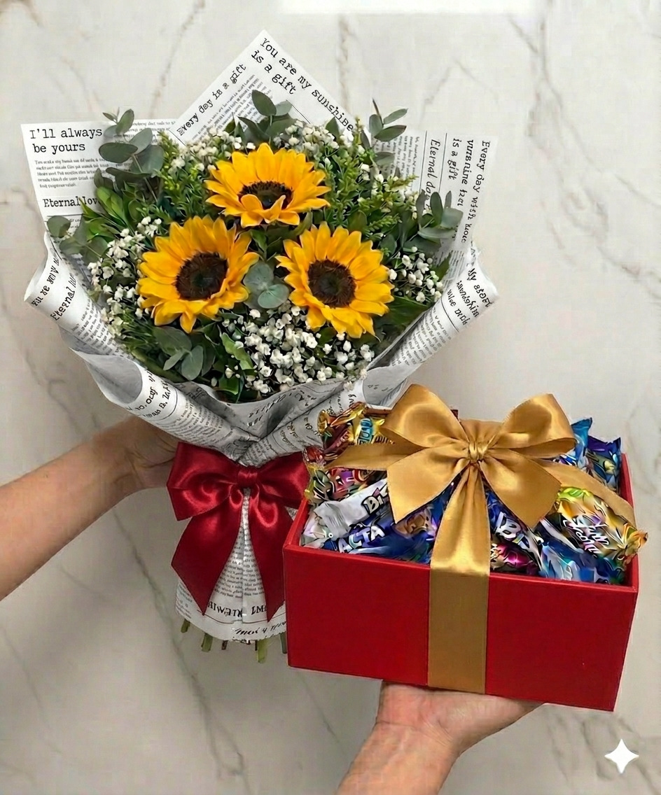 Buquê Girassóis Alegria com Caixa de Chocolates