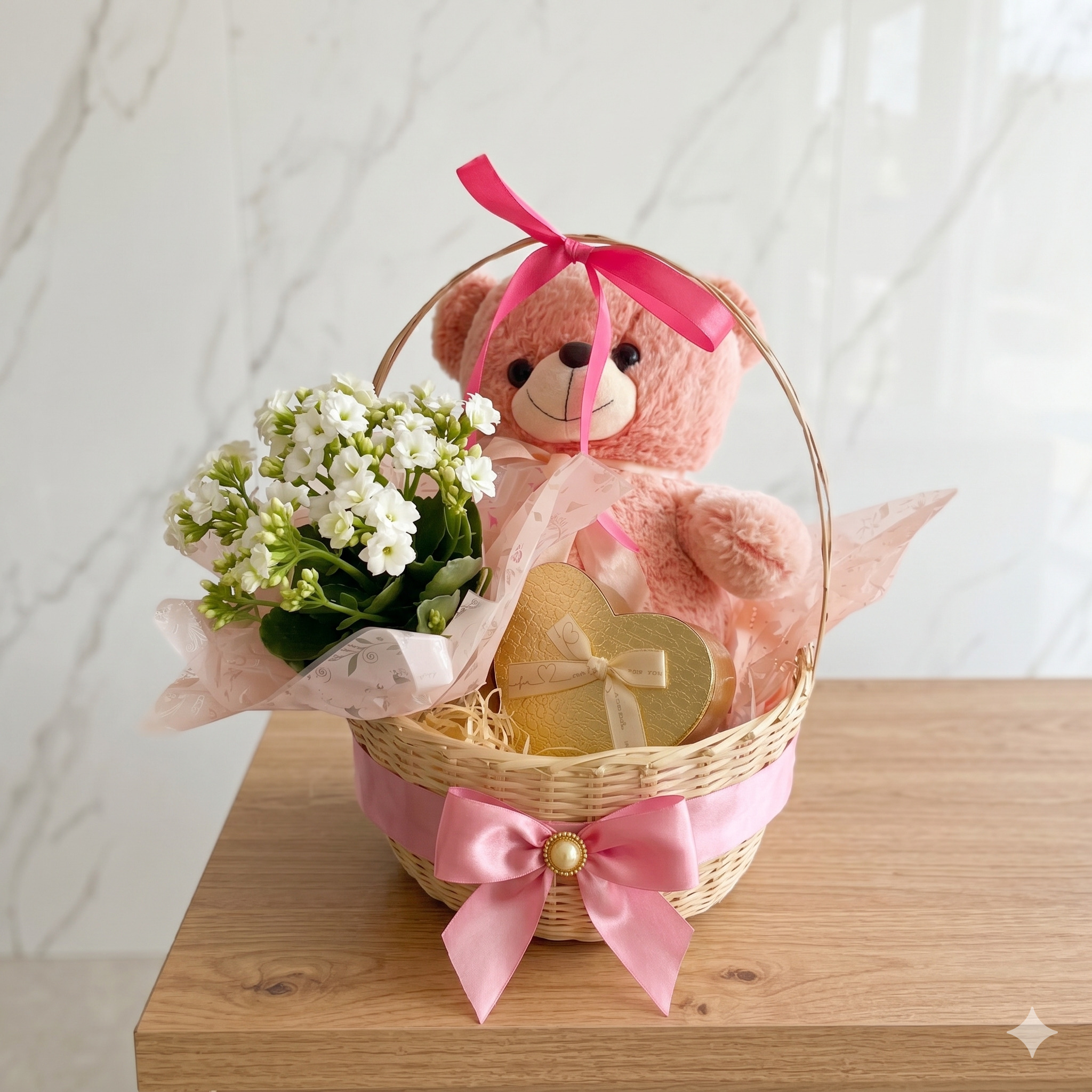 Cesta Presente Dia das Mães — Urso de Pelúcia Rosa, Kalanchoe Branca e Caixa de Chocolate Coração