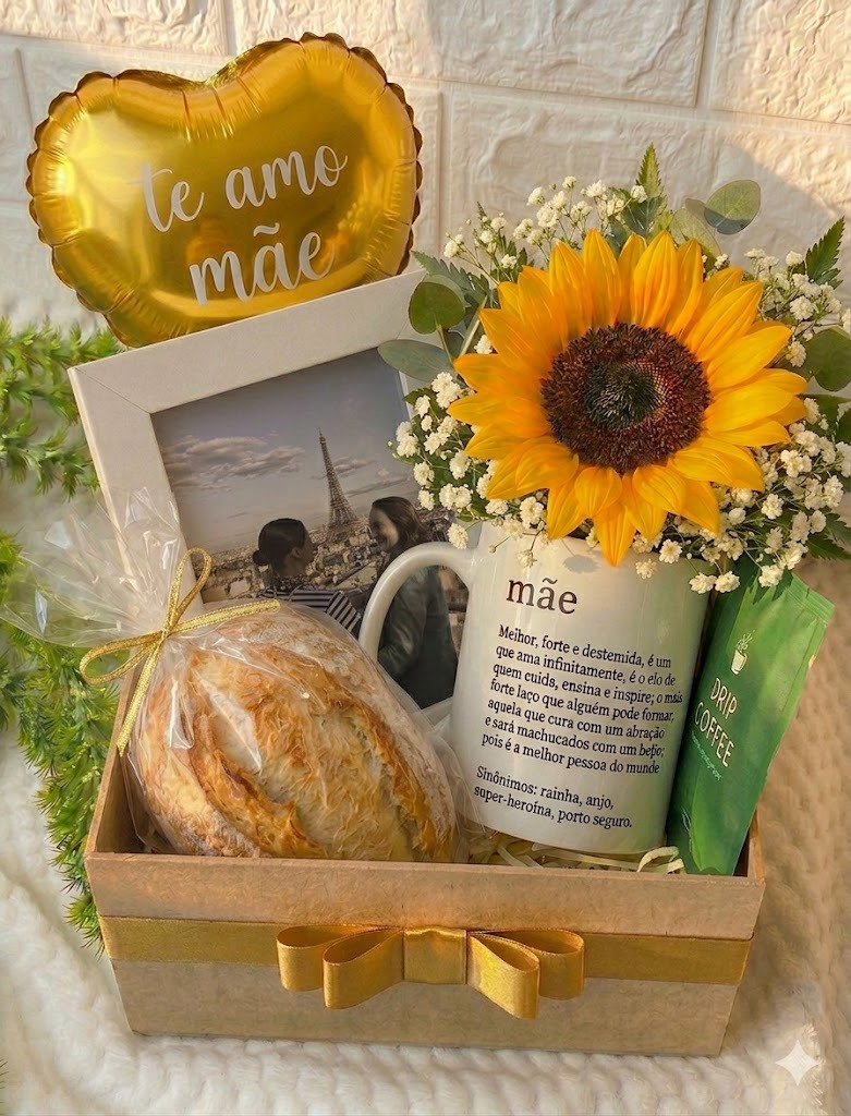 Cesta com Girassol e Quadro — Dia das Mães