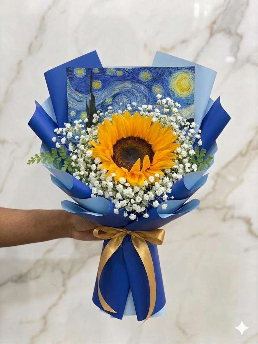 Mini Buquê Girassol Van Gogh Azul