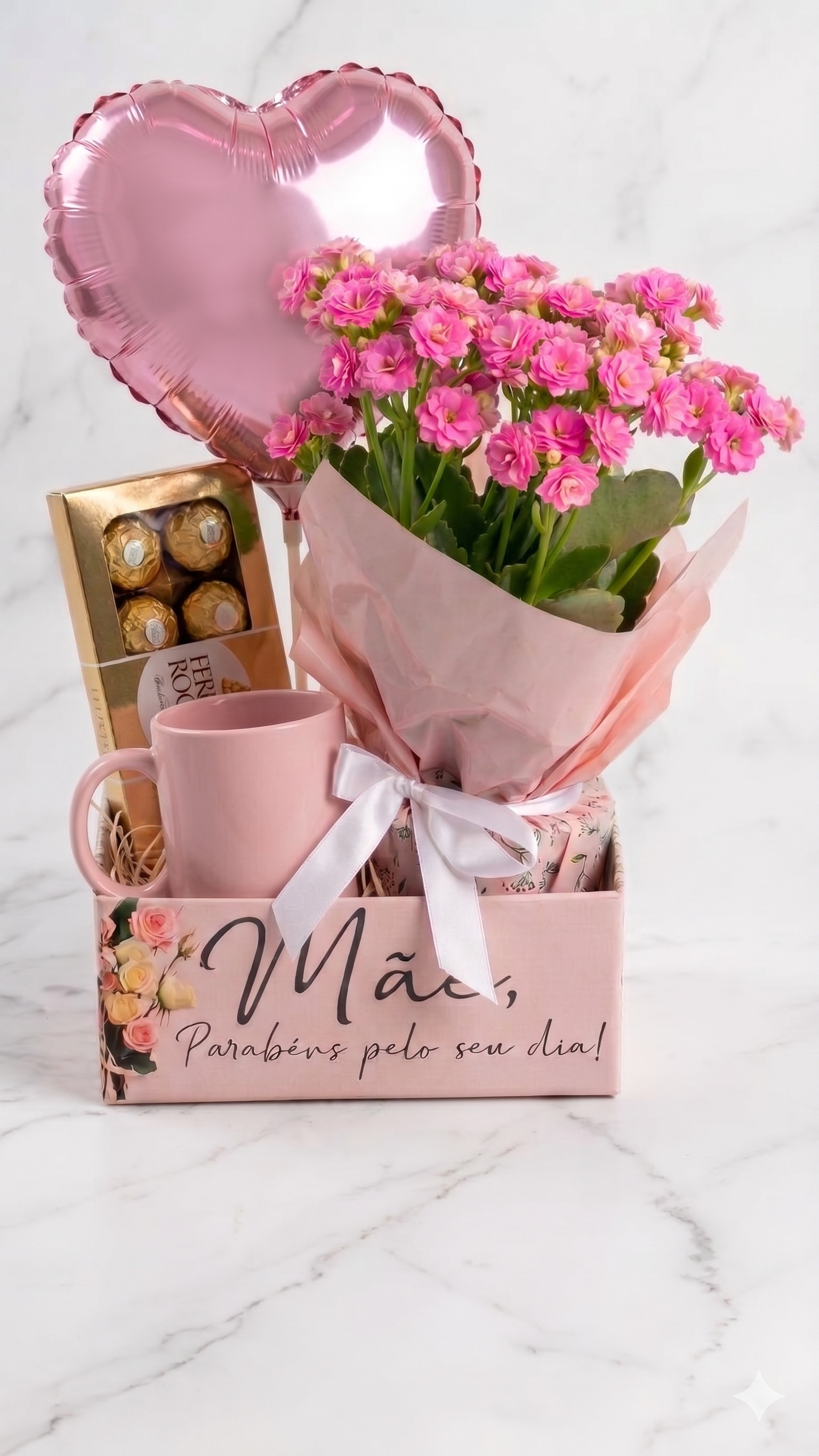 Kit Mãe Completo — Kalanchoe Rosa, Ferrero Rocher, Caneca Rosa e Balão Coração em Caixa Decorada