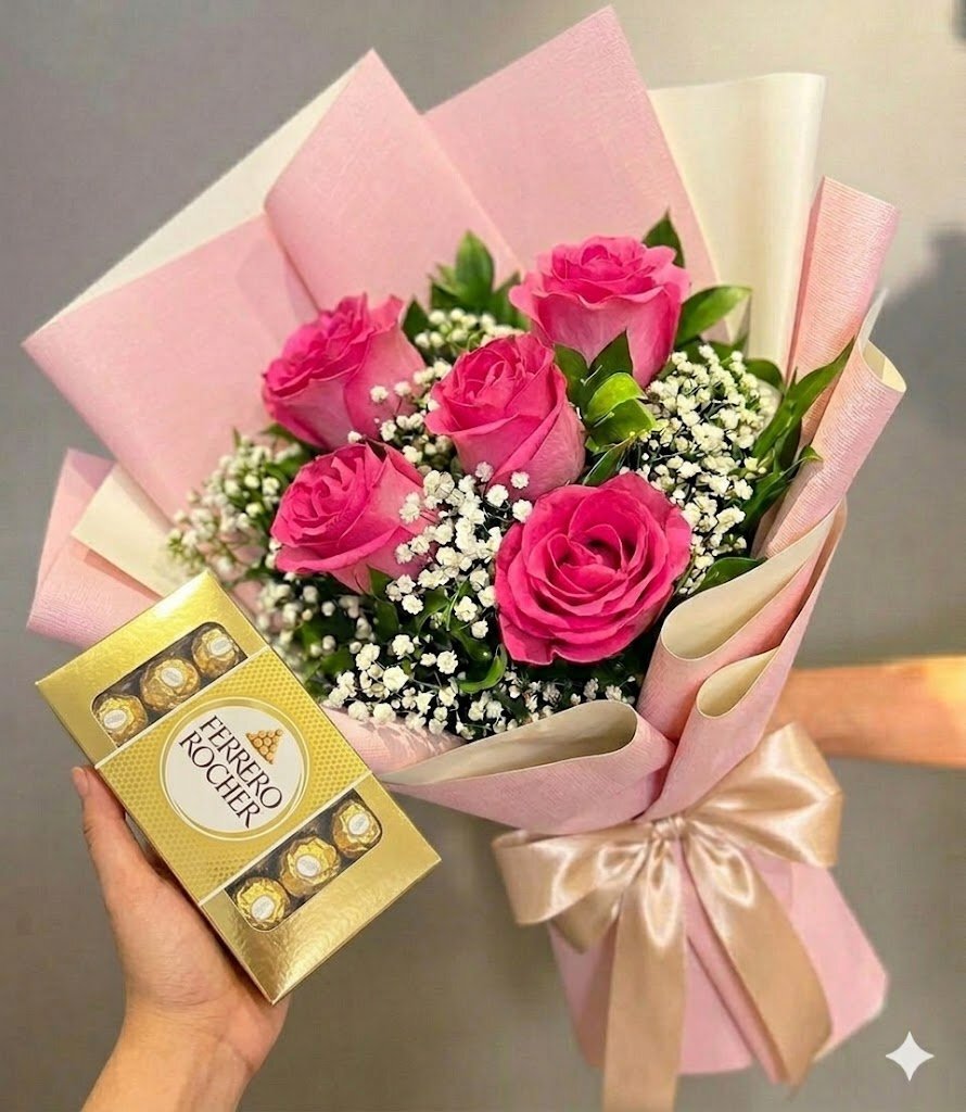 Buquê 6 Rosas Pink + Ferrero Rocher
